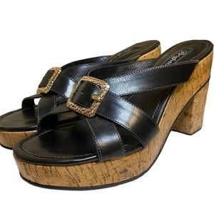 BRIGHTON Shoes Womens 9 M Black Leather Cork Platform Heel Sandals